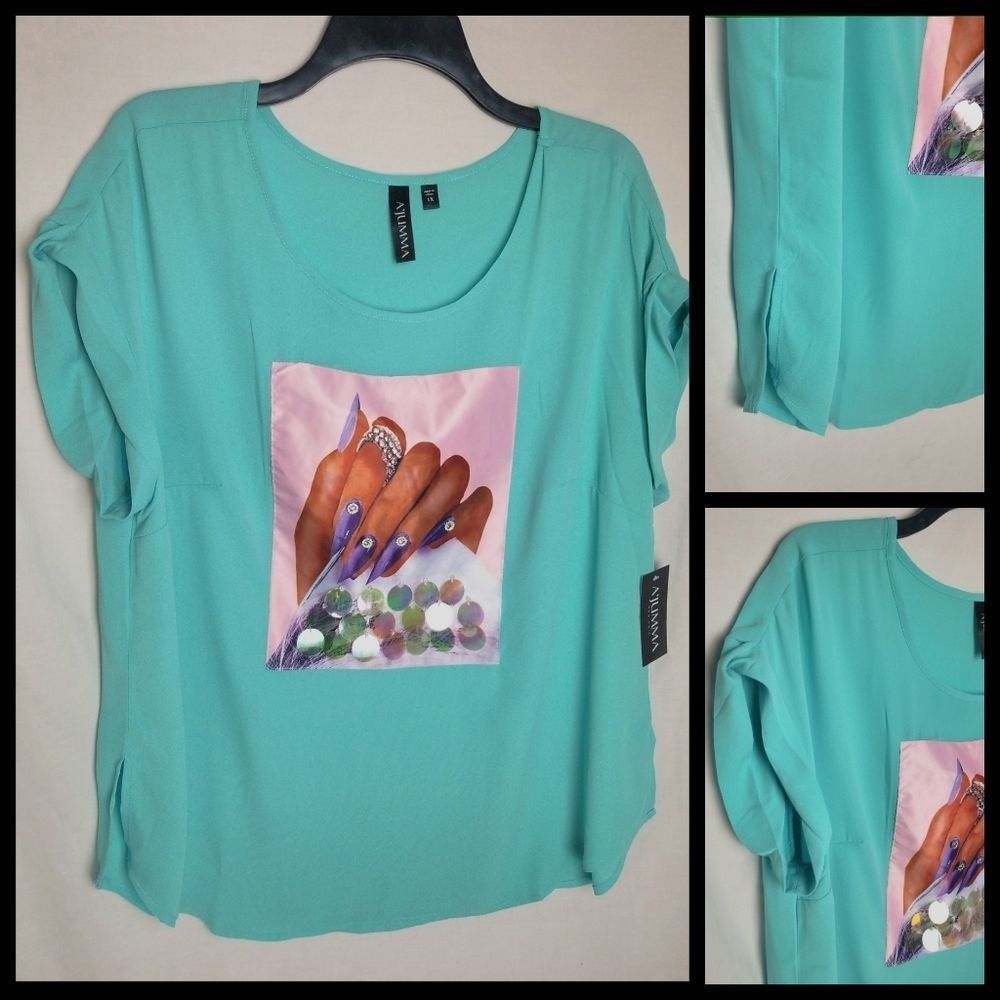 A'jumma fingernail print sheer blouse blue size 2X